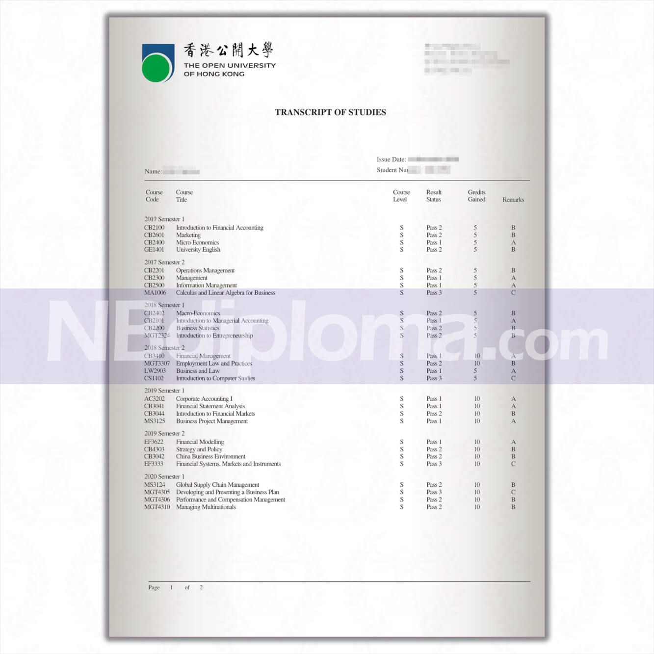 香港公開大學畢業證書學位證書